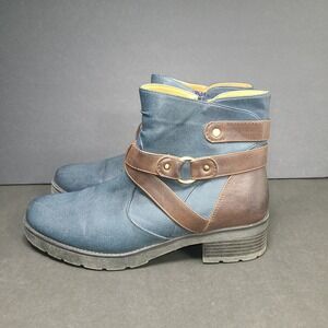 Natural Sole Womens Ankle Boots 9M Blue Brown Strap Buckle Zip Leather Look EUC